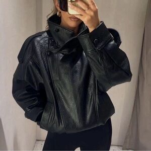 Zara Black Leather-Effect High Collar Bomber Jacket